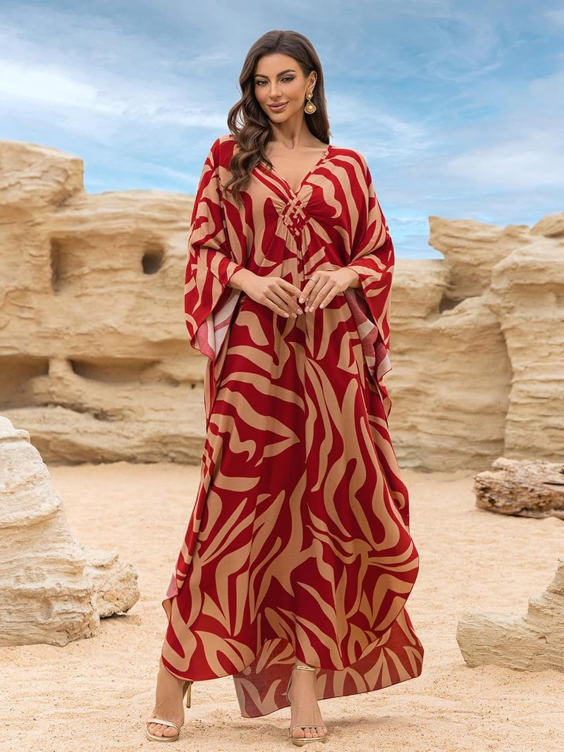 KEYLORTING Women’s Kaftan Beach Cover Up Dress Plus Size Summer Swimsuit Loungewear Maxi Dress - Image 2